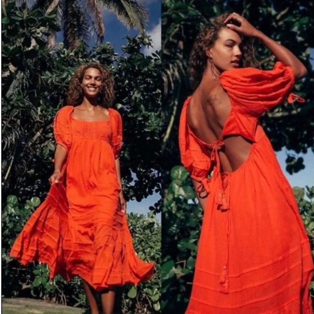 Free People Beach Puff Sleeve Midi orange Dress. Small. EUC